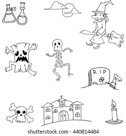 Halloween doodle vector illustration castle, tomb, ghost