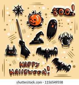 Halloween doodle vector illustration. Collection of creatures and items related to Halloween theme. Colorful template for poster or cover design   