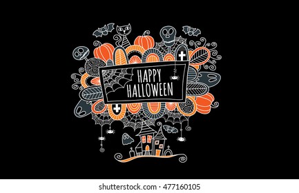 Halloween doodle vector illustration with the words happy halloween surrounded by skulls, bats, pumpkins, ghosts, cobwebs and abstract shapes on black background