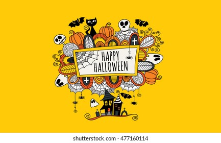 Halloween doodle vector illustration with the words happy halloween surrounded by skulls, bats, pumpkins, ghosts, cobwebs and abstract shapes on yellow background