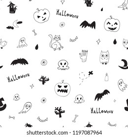 Halloween doodle vector line seamless pattern. Endless background with pumpkins, skulls, bats, spiders, owls, ghosts, bones.