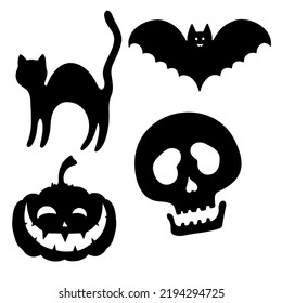 halloween doodle vector set, black cat, skull, bat, pumpkin