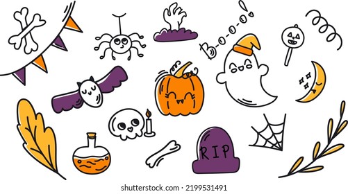 Halloween doodle Vector Set. Cute ghost, spider web, pumpkin, skull and autumn leaves