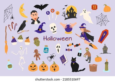 Halloween doodle vector set. Flat illustration