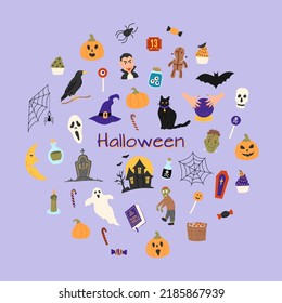 Halloween doodle vector set. Flat illustration