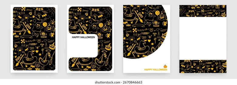 Halloween-Doodle-Vektorgrafik-Set, handgezeichnete Cartoon-Elemente, vertikale Poster, gespenstische Hintergründe für Social Media, Poster-Vorlagen, Partyeinladungen, Geist, Kürbis, Hexenhut, Doodle-Muster