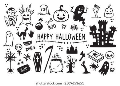 Halloween Doodles schwarz-weißes Zeichnungsset. Happy halloween doodle elemente Design für drucke, dekoration von postkarten und plakaten, aufkleber, sublimation. Vektorgrafik