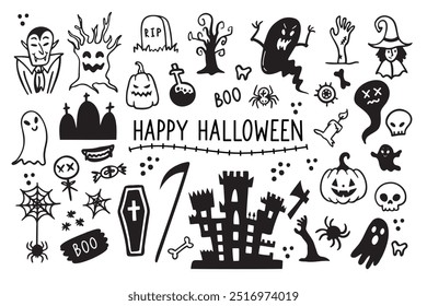 Conjunto de dibujo en blanco y negro de garabatos de Halloween. Diseño de Elementos de doodle de halloween feliz para impresiones, decoración de postales y carteles, pegatinas, sublimación. Ilustración vectorial