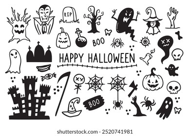 Halloween doodles black and white drawing set. Happy halloween doodle elements Design for prints, decoration of postcards and posters, stickers, sublimation. Vector illustration