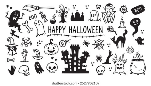 Halloween doodles black and white drawing set. Happy halloween doodle elements Design for prints, decoration of postcards and posters, stickers, sublimation. Vector illustration