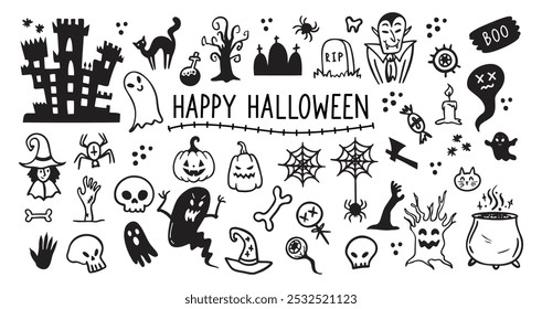 Halloween doodles black and white drawing set. Happy halloween doodle elements Design for prints, decoration of postcards and posters, stickers, sublimation. Vector illustration