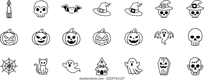 Halloween doodles collection, stickers, black and white, hand drawn style, icon set, vector