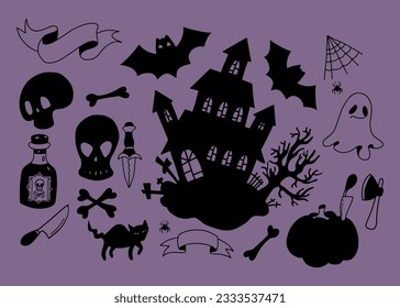 Halloween doodles. Creepy mystical house with bat and cobweb, rum, black cat, bones, skull, bones, pumpkin and ghost. Vector illustration. Isolated black silhouette drawings for festive design.