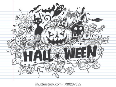 Halloween doodles of Cute hand-drawn on lined notebook paper.- vector illustration