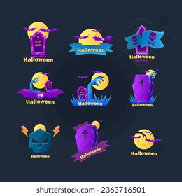 Halloween Doodles Game Icons Set  Logo  Illustration Grave Purple Full Moon Bats Zombie Coffin Spooky Scarry Colorful Cartoon Card Vector Design