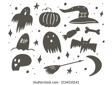 Iconos de halloween con dibujos animados. Ilustración vectorial dibujada a mano aislada en fondo blanco.