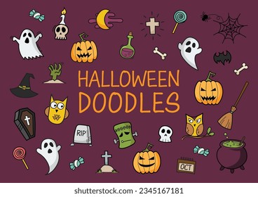 Halloween doodles hand drawn color elements. Vector illustration