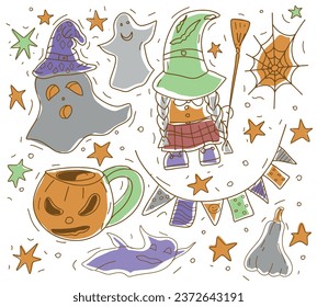 Halloween doodles hand drawn coloring book antistress autumn holiday. paw sorceress gnome, ghost, holiday flags, broom, pumpkin mug, cobweb Cute cartoon vector illustration objects, symbols