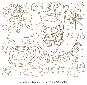 Halloween doodles hand drawn coloring book antistress autumn holiday. paw sorceress gnome, ghost, holiday flags, broom, pumpkin mug, cobweb Cute cartoon vector illustration objects, symbols