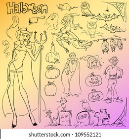 Halloween doodles, hand drawn set