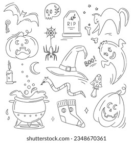 Halloween doodles. Hand drawn vector set of sketches: jack-o-lantern, witch hat, ghost, bat, black cat, scull, tombstone, cauldron with potion. Magic elements for card, sticker, poster