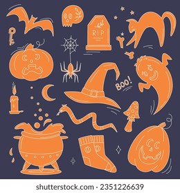 Halloween doodles. Hand drawn vector set of sketches: jack-o-lantern, witch hat, ghost, bat, black cat, scull, tombstone, cauldron with potion. Magic elements for card, sticker, poster