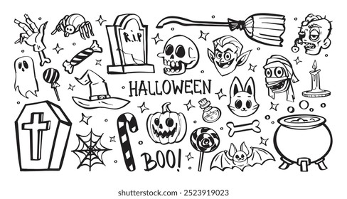 Garabatos de Halloween con objetos icónicos como calaveras, calabazas, brujas y piruletas. Vector ilustración de dibujos animados