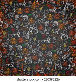 Halloween doodles icons pattern background.Hand drawing sketchy on chalkboard in the style of children's drawing.For background,backdrop,Wallpaper,wrapping paper.Shabby,grunge ,vintage Vector