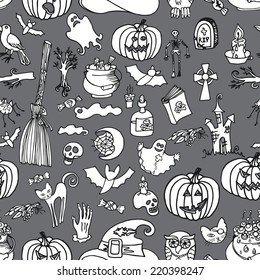 Halloween doodles icons in seamless pattern or background.Hand drawing sketchy o in the style of children's drawing.For fabric,background,backdrop,Wallpaper,wrapping paper.Vector