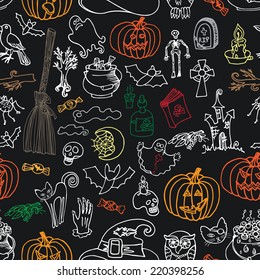 Halloween doodles icons seamless pattern or background.Hand drawing sketchy on chalkboard in the style of children's drawing.For fabric,background,backdrop,Wallpaper,wrapping paper.Vector