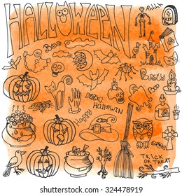 Halloween doodles icons set with lettering.Hand drawing sketchy with watercolor orange splash.Style of childrens drawing .For design template,invitations.Vector symbols