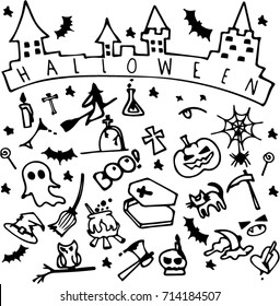 Halloween doodles icons set with text. For design template,invitations . Vector