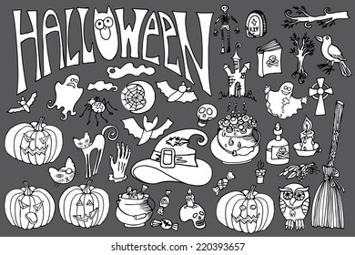 Halloween doodles icons set with text.Hand drawing sketchy scrapbooking elements in the style of children's drawing . For design template,invitations . Vector