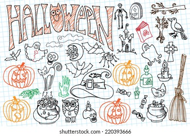 Halloween doodles icons set with text.Hand drawing sketchy notepaper in the style of children's drawing . For design template,invitations . Vector