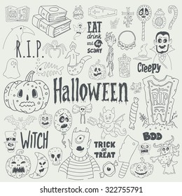 Halloween doodles icons set. Vector illustration.