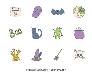 halloween doodles isolated on white. halloween icon set for web design, user interface, mobile apps and print