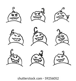 Halloween doodles of pumpkin faces set with various expressions.