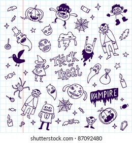 Halloween doodles school notebook. Vector illustration.