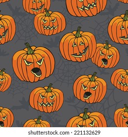 Halloween doodles seamless pattern or background with Pumpkin,spider web,bat.Hand drawing spooky elements in style of children's drawing.For fabric,background,backdrop,Wallpaper,wrapping paper.Vector