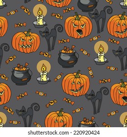 Halloween doodles seamless pattern or background.Hand drawing Pumpkin,cat,candle,boiler, candy in the style of children's drawing.For fabric,background,backdrop,Wallpaper,wrapping paper.Vector