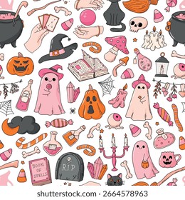 Patrón sin fisuras de garabatos de Halloween para fondos, papeles digitales, papel de regalo, impresiones textiles, Fondos de pantalla, papelería, Anuncios, etc. EPS 10