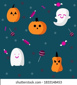 Halloween Doodles Fondo sobre el fondo oscuro / fondo de Halloween / Tarjeta de saludo de calabaza / Patrón Fantasmas y caramelos sin inconvenientes