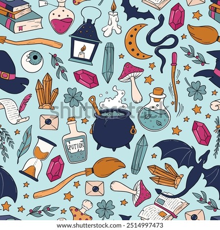 Halloween doodles seamless pattern, witchcraft elements, potions, cauldrons, mushrooms, crystals pattern for textile pritns, wallpaper, wrapping paper, scrapbooking, stationary, covers, backgrounds