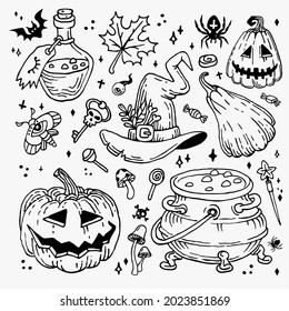 Halloween doodles set. Decoration for Halloween and occult