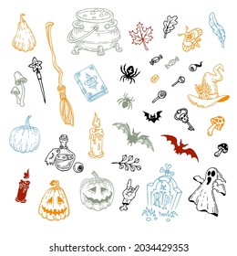 Halloween doodles set. Decoration for Halloween and occult