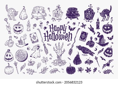 Halloween doodles set. Decoration for Halloween and occult