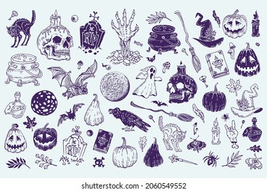 Halloween doodles set. Decoration for Halloween and occult