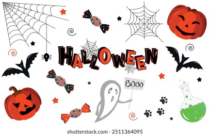 Halloween Doodles Set, Hand Drawn Elements, Candy, Ghost, Pumpkin, Bat, Vector illustration, Isolated	