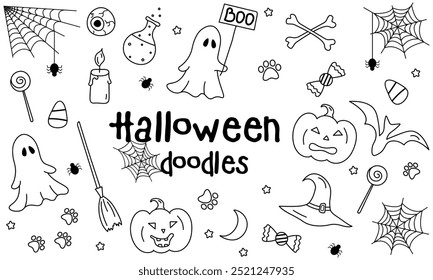 Halloween Doodles Set, Halloween Icons, Concept, Hand Drawn, Outline, Sketch, Black, Autumn, Vector