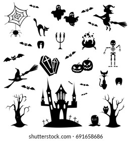 Halloween doodles set on white background. Spooky ghost and pumpkin, witch and castle.
